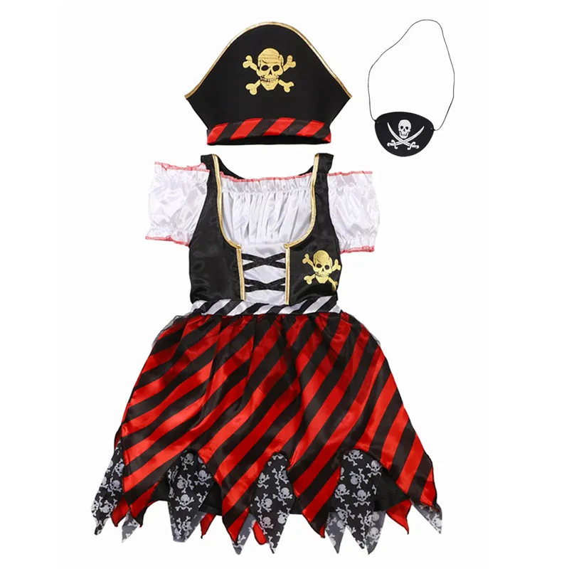 Girls Cosplay Halloween Pirate Captain Kids Dress Up Costume Boys Top+Pants+Headscarf+Eye Mask Sets Carnival Birthday Clothes