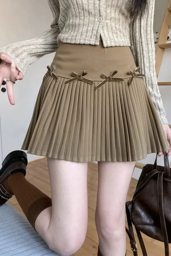 

​​Burgundy Bow A Line Skirt Women Wool Blend Spring Summer 2025 Above Waist Ruffle Petite Slimming Unique​​