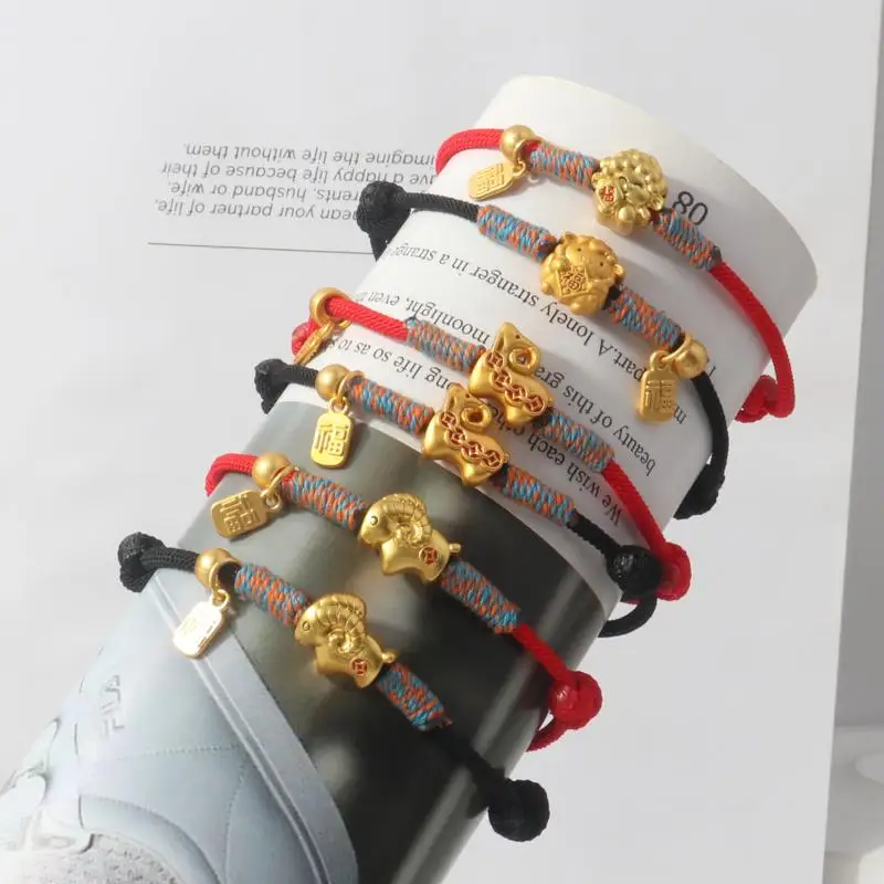 Adjustable Zodiac Goat Braided Bracelet Gold Plated Charm  Braided Rope Bracelet  Chinese Style Beads Womens New