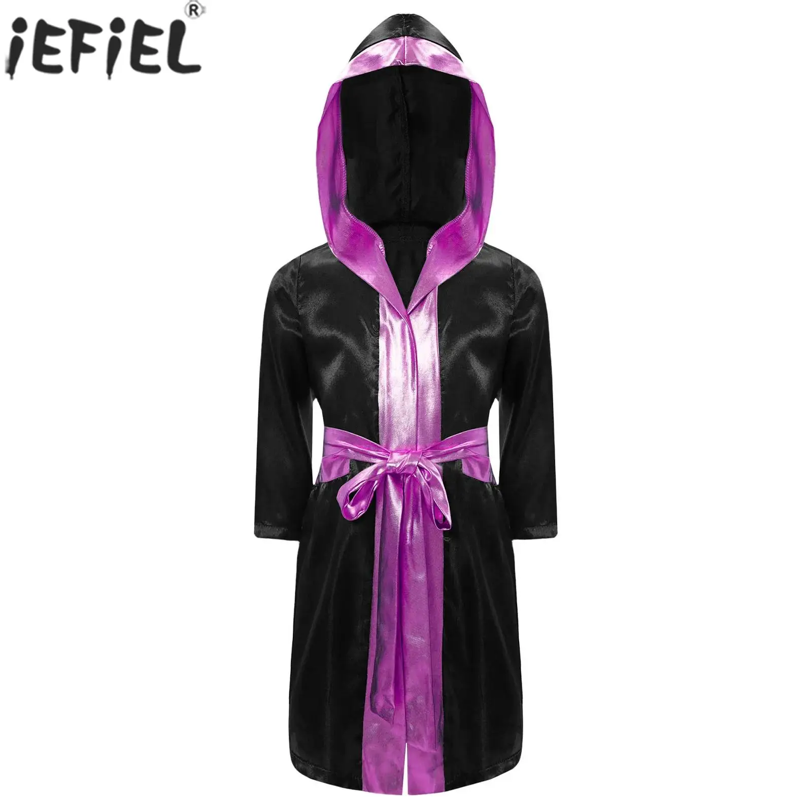 Kids Boys Boxing Hooded Robe Halloween Party Boxer Cosplay Costume Long Sleeve Open Front Metallic Trim Satin Cloak with Belt