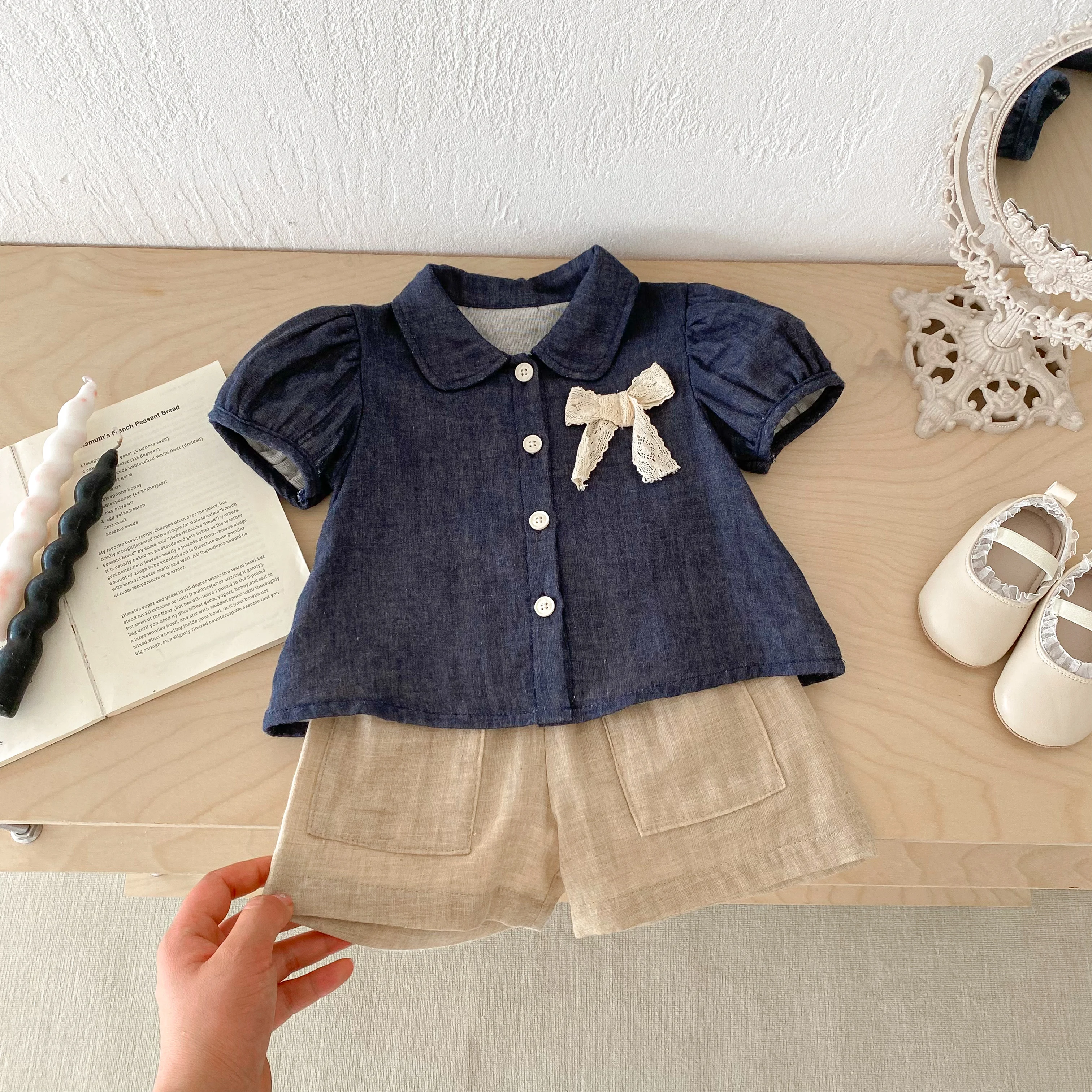 Korean Version 2026 Summer New Product Baby Girls' Clothing Top with Bow Design