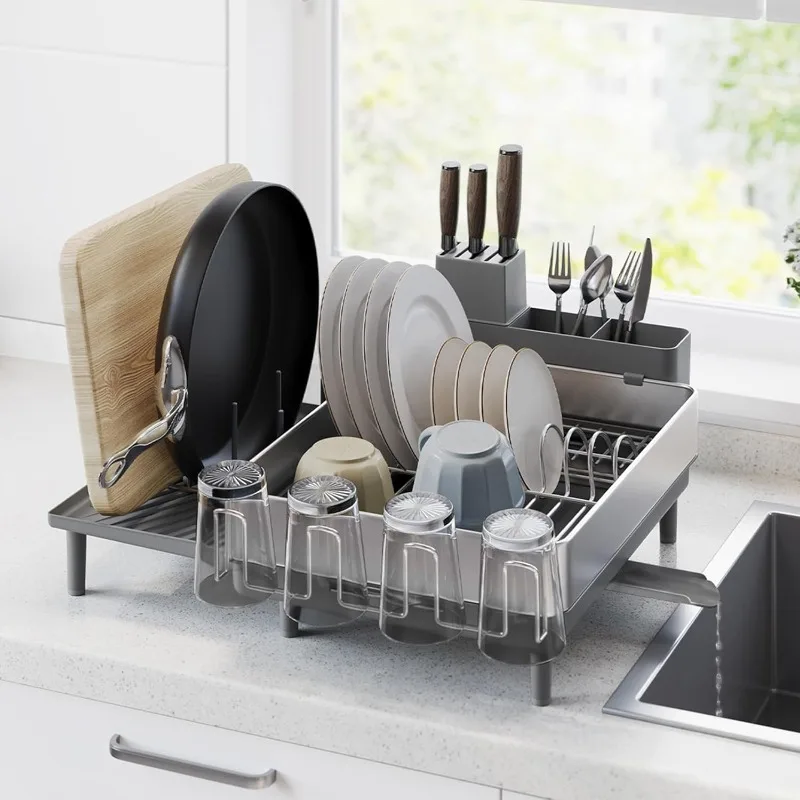 Large Dish Drying Rack, Expandable Dish Dryer for Kitchen Counter, Stainless Steel Dish Rack with Rotatable Spout, Utensil, Cup