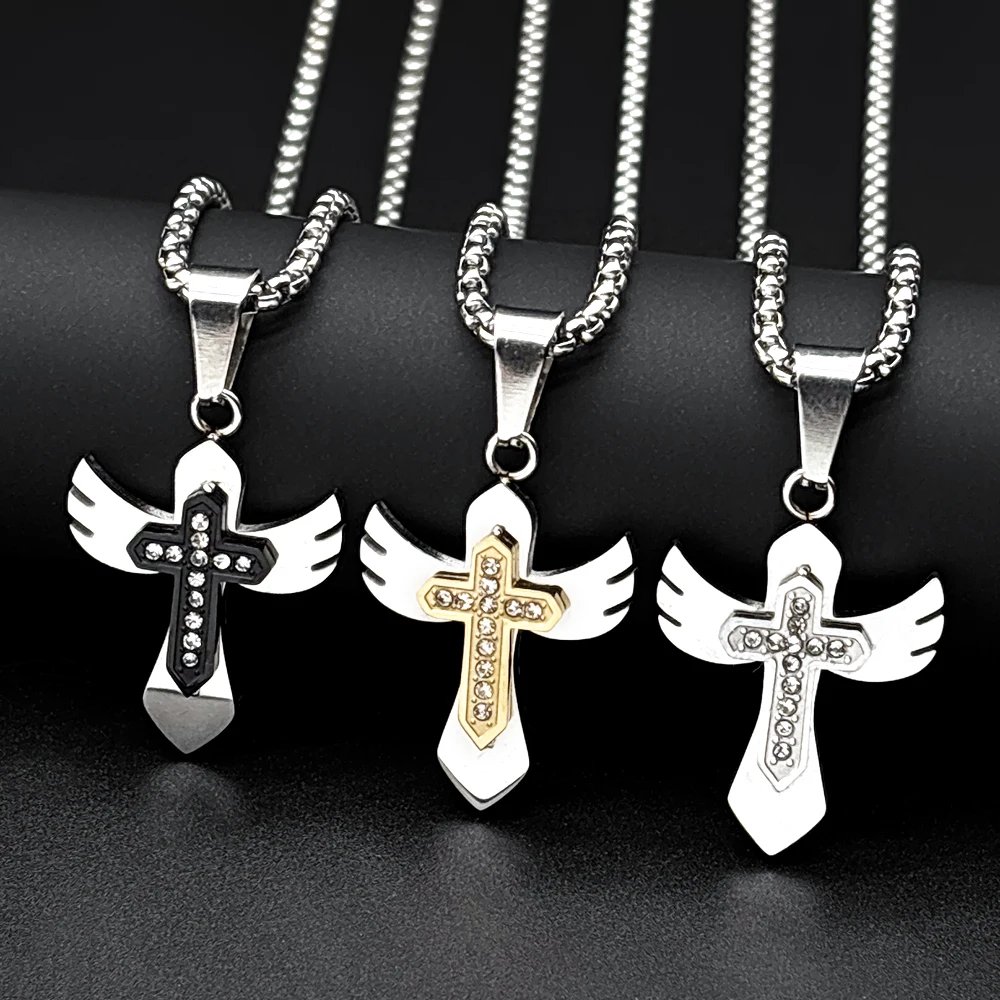 Two-Tone Angel Wing Cross Christian Pendant Necklace Stainless Steel Silver Color Rhinestones Couple Chain Faith Jewelry Gift