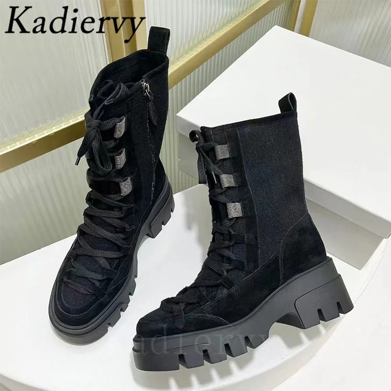 Thick Sole Motorcycle Boots Women Round Toe Lace Up String Bead Flat Shoes Women Cow Suede Patchwork Short Boots Woman