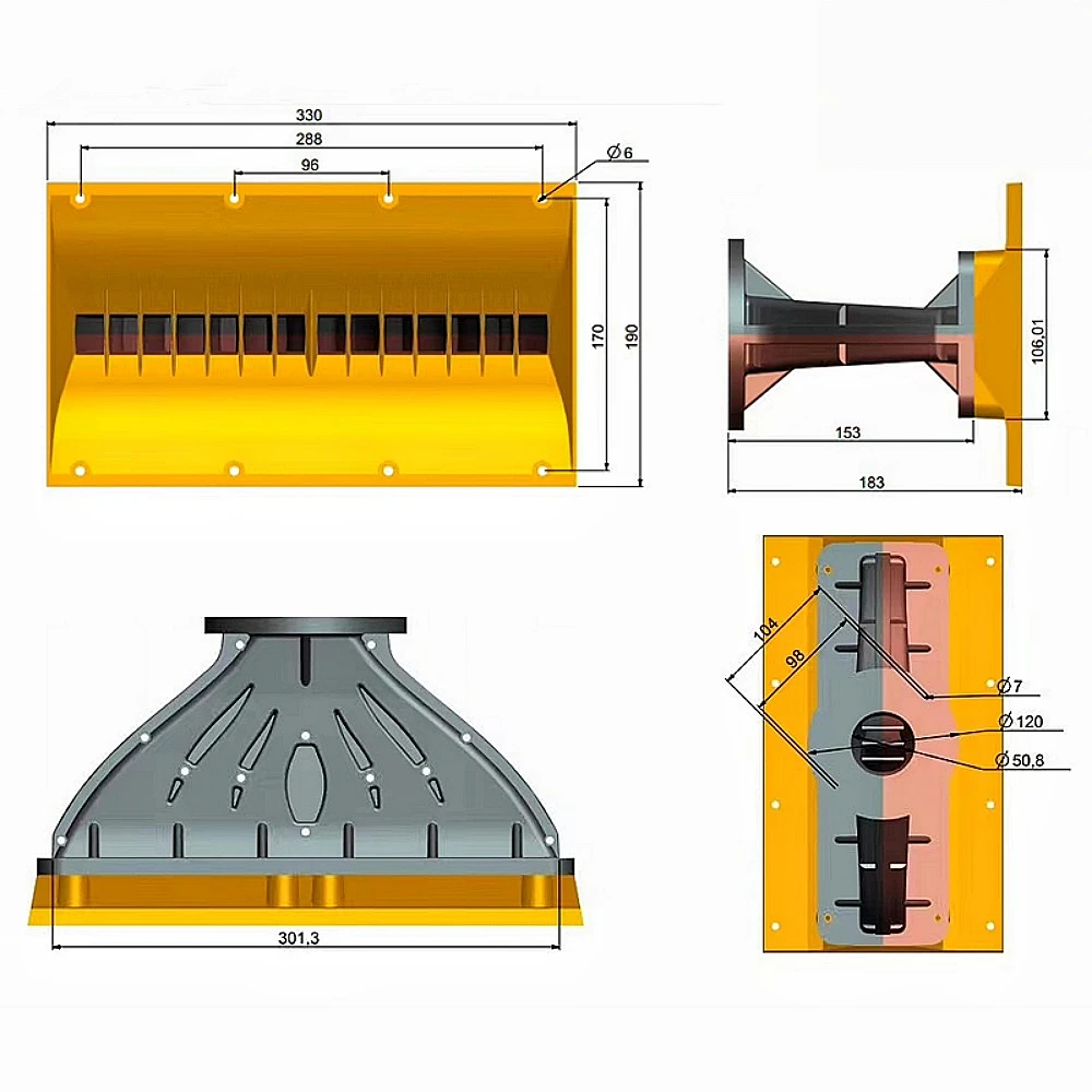 1,4"/2" Halsdurchmesser 12" Line-Array-Wellenleiterhorn 330x190x183mm 4-Bolzen-Befestigung für Pro-Audio-HF-Kompressionstreiber – Detail 1
