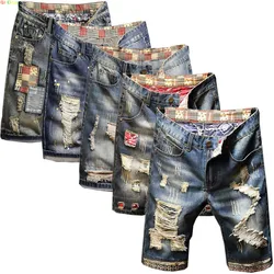 2026 Summer New Men's Blue Vintage Ripped Short Jeans Streetwear Hole Slim Denim Shorts Male Brand Clothes Big Size 28-36 38 40