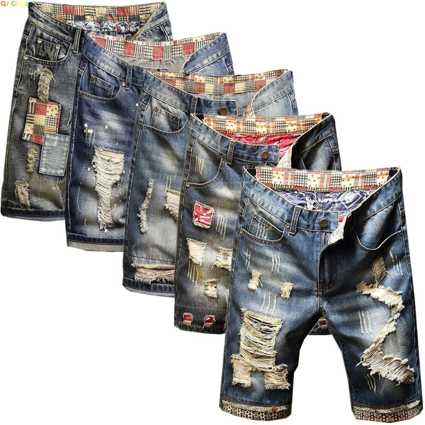 Męskie niebieskie szorty jeansowe w stylu vintage z dziurami, streetwear, obcisłe, z dziurami, duże rozmiary 28-36 38 40, nowość na lato 2026.