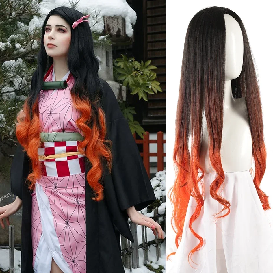 

Halloween Nezuko Cosplay Wig Heat Resistant Synthetic Hair with Bamboo Props Sealing Stick for Anime Costume Accessory