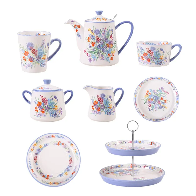 LondonPottery Viscri Meadow Range Afternoon Tea Set Ceramic Coffee Cup Saucer Sugar Jar Teapot with Infuser Mug Cake Stand