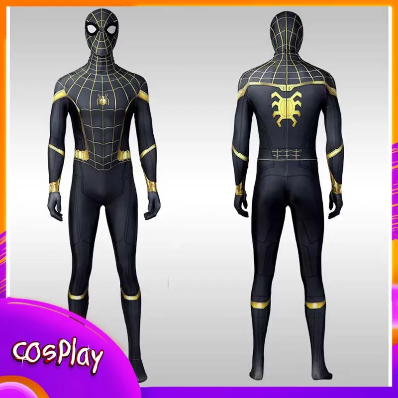 Traje negro y dorado de Spider Man, disfraz de Cosplay, mono Cos Peter, accesorios de Carnaval para fiesta de cómic de Halloween, mono, regalo para adultos