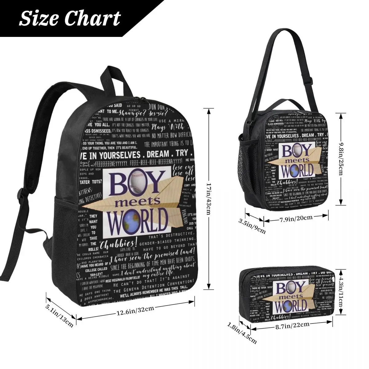 Boy Meets World Memorable Quotes Backpack Student BookBag School Bag Laptop Shoulder Bags 3ps Insulated Lunch Bag Pencil Case