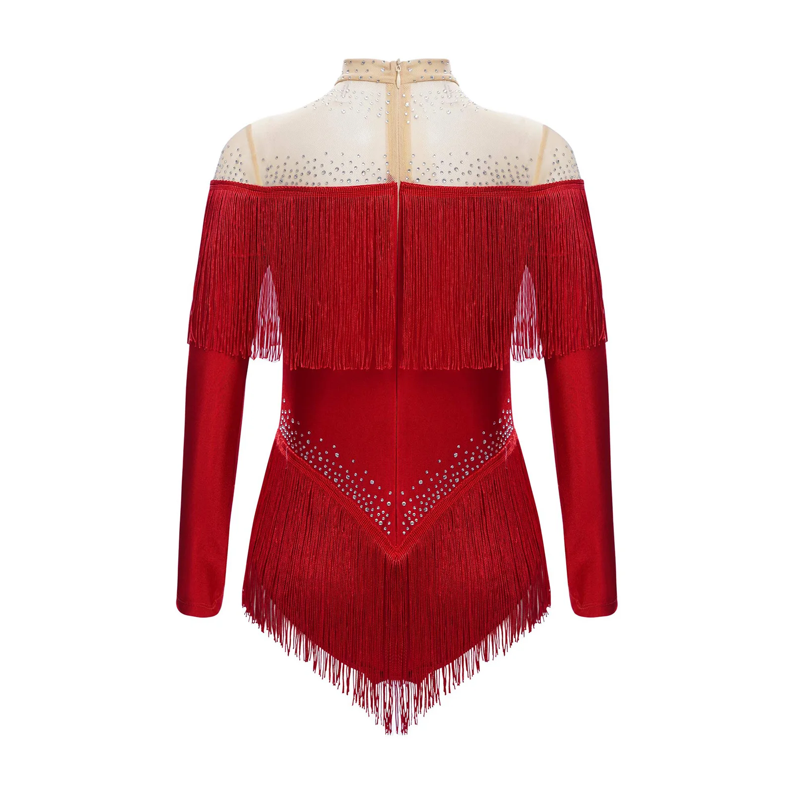 Mono de leotardo de baile latino con borlas para niñas, traje de actuación en escenario, mono de manga larga de malla transparente con diamantes de imitación brillantes