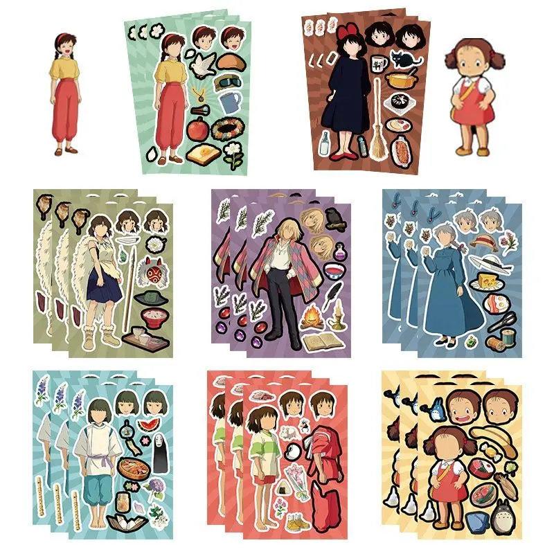 8/16/24 Hojas de Pegatinas de Dibujos Animados Brillantes de Ghibli Hayao Miyazaki, Calcomanías de Rompecabezas para Crear Caras, para Teléfono, Portátil, Maleta, Cuaderno, DIY