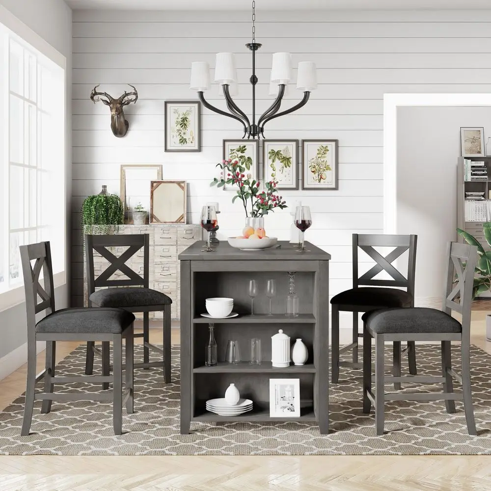 

5 Pieces Counter Height Rustic Farmhouse Dining Room Wooden Bar Dining Table Set for 4 Chairs, Gray