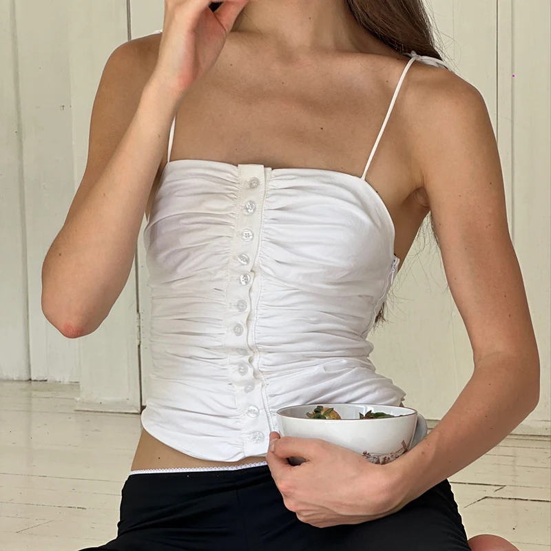 Cutest Backless Crop Tops Summer White Tank Tops Vintage Buttons Ruched Tie up Strap Camis Y2k Fairy Sleeveless Slim Fit Vest