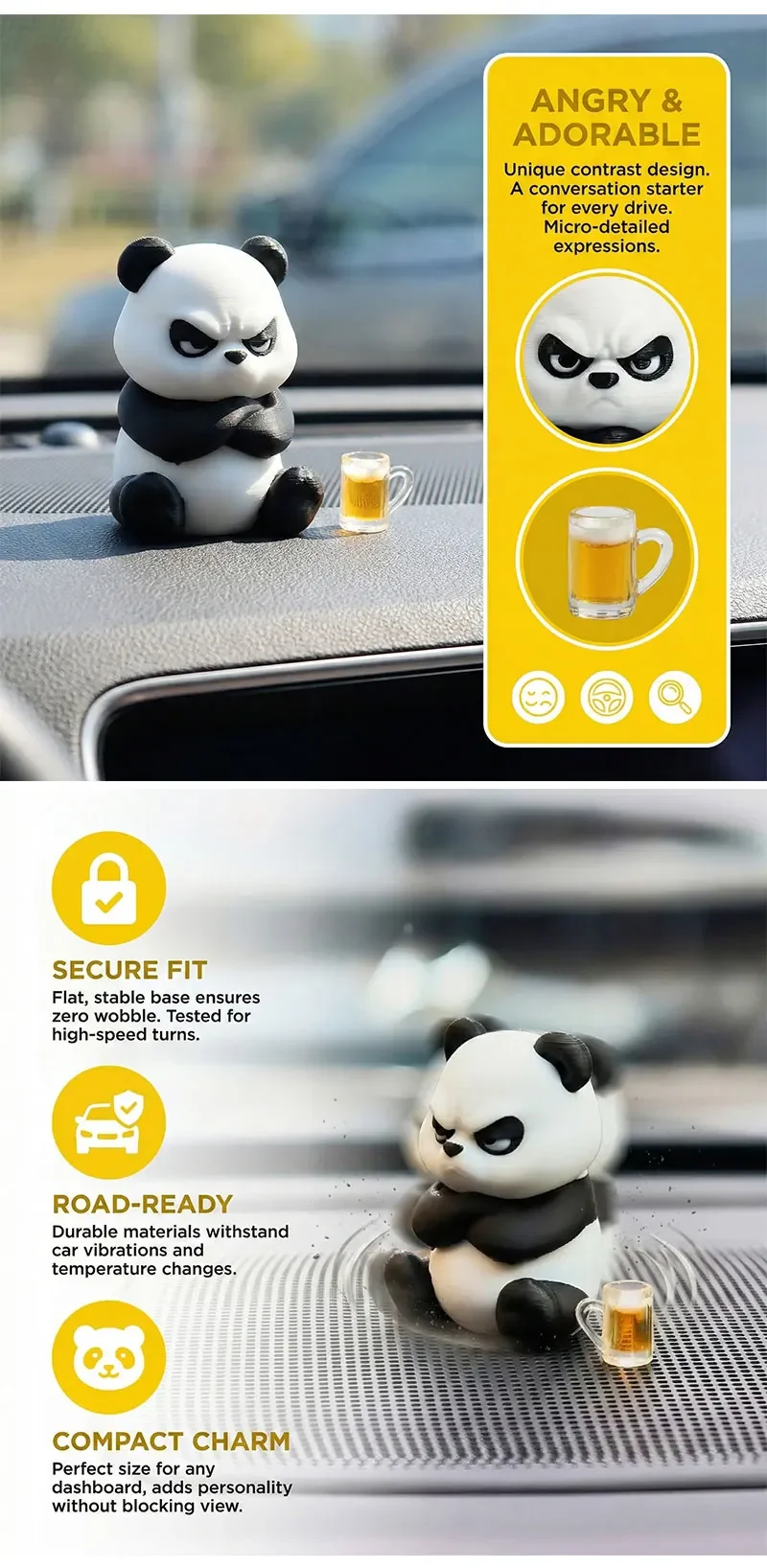 Lustiger 3D-gedruckter wütender Panda als Auto-Armaturenbrett-Deko, niedliche Auto-Accessoires zur Stresslinderung, Ornamente für Auto und Schreibtisch zu Hause. – Detail 3
