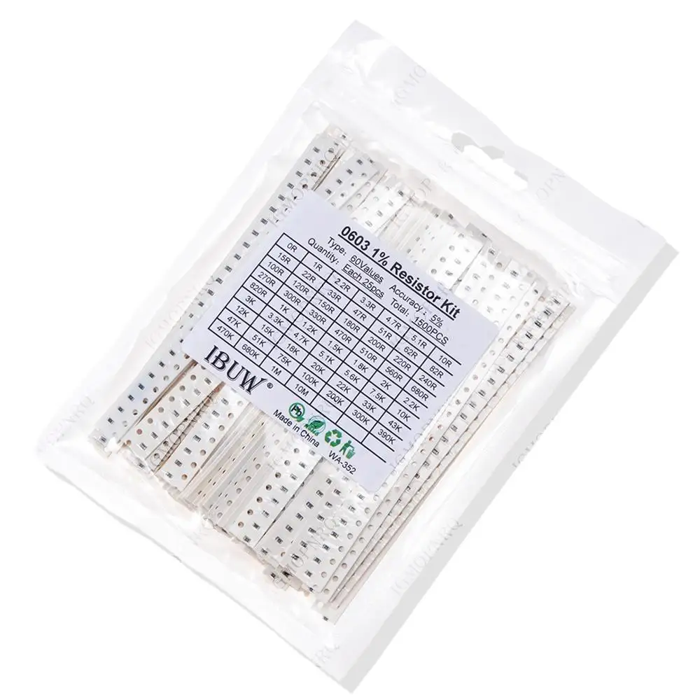1500개 SMD 0603 저항기 모듬 세트(60개 값 x 25개) 0ohm - 10M Ohm 1/10 Watt 1% 고정밀 필름 칩 저항기 키트