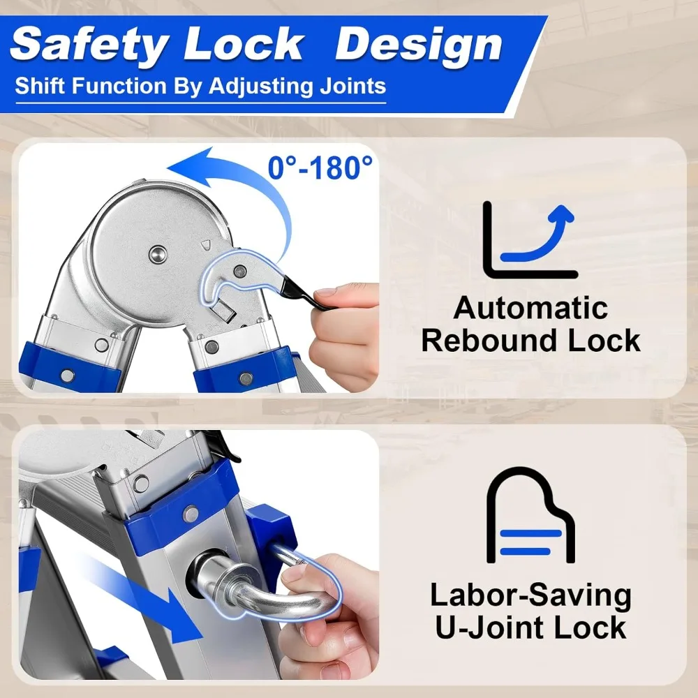 سلم تمديد قابل للطي بطول 17 قدم مع عجلات وقضيب تثبيت - سلم بوزن 330 رطل متعدد المواضع على شكل حرف A للأمان #5