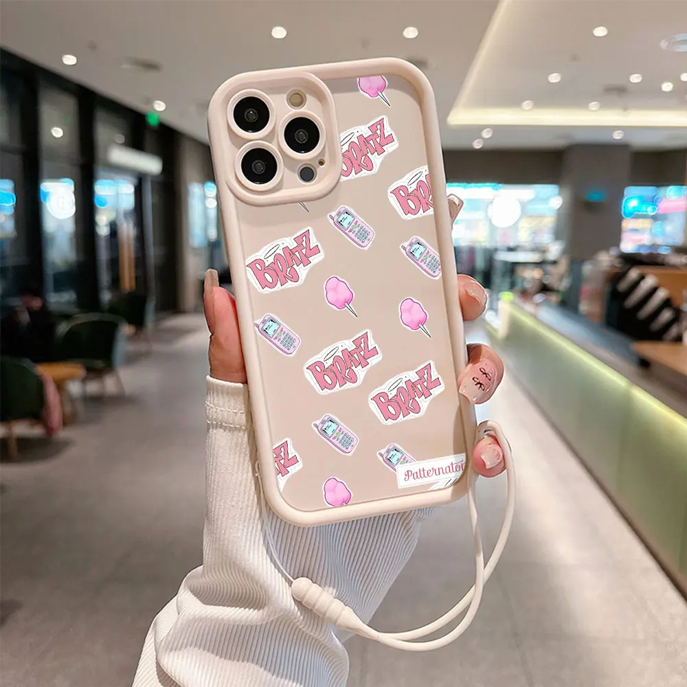 女の子用ハンドストラップ付きのかわいい電話ケース,ソフトtpuバックカバー,bratz人形,iphone 15, 14, 13, 12, 11 pro max,mini,xr,xs,x,7 8プラス