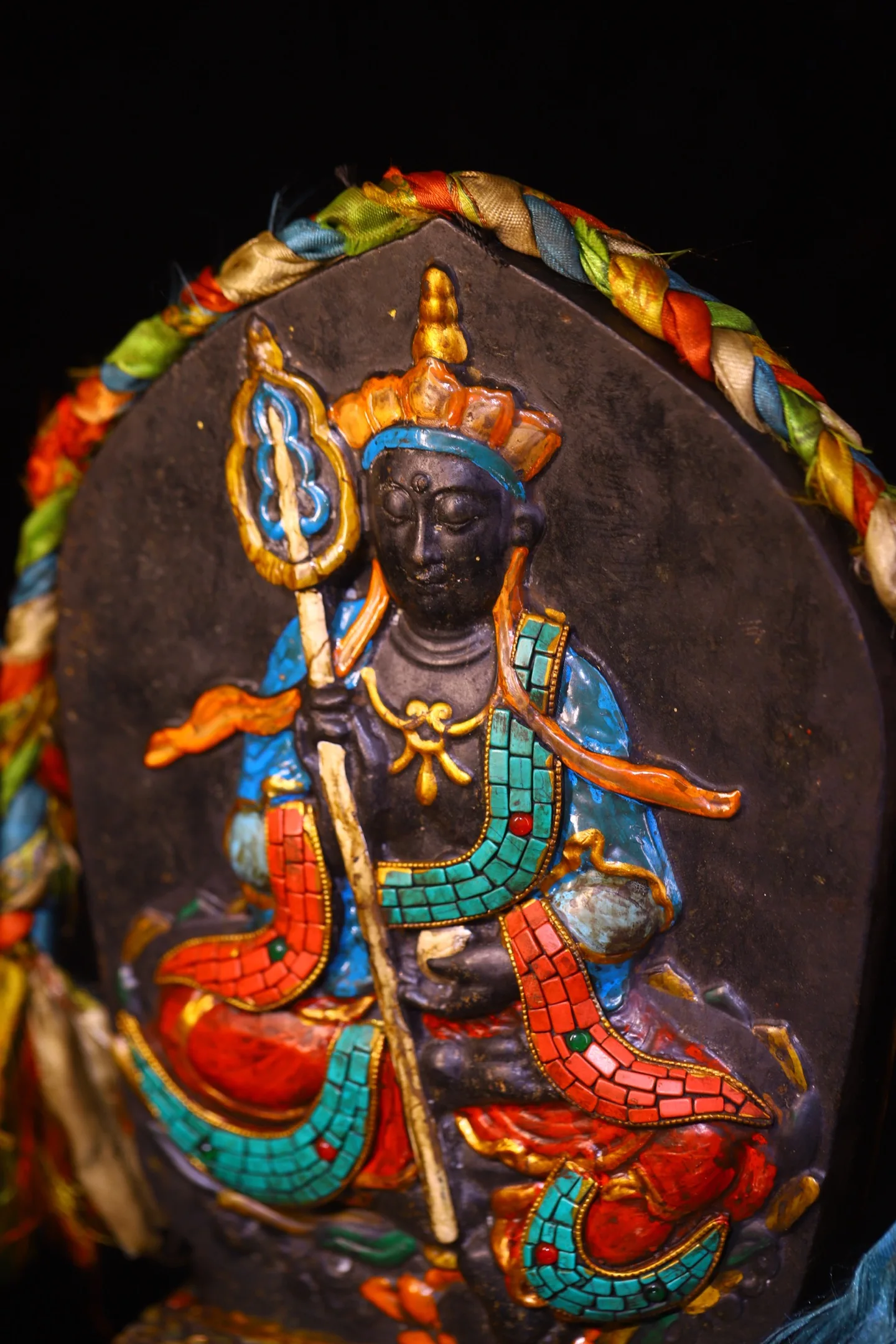 Old Folk Meteorite Painted Mosaic Gem gZi Beads Shell Turquoise Ksitigarbha Bodhisattva Buddha Plaque Buddhist Niche Base