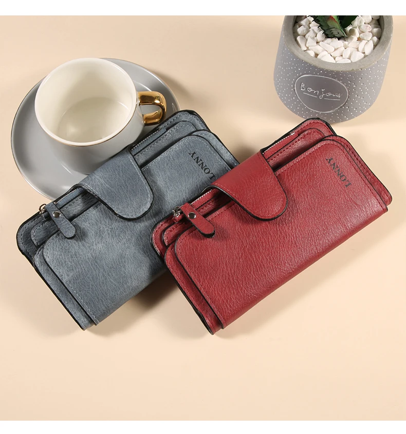 Damen-Geldbörse, dreifach gefaltet, lang, aus Wildlederimitat (PU), mit Druckknopfverschluss und Reißverschluss, viele Kartenfächer, großes Fassungsvermögen, Damen-Clutch-Geldbörse. – Detail 13