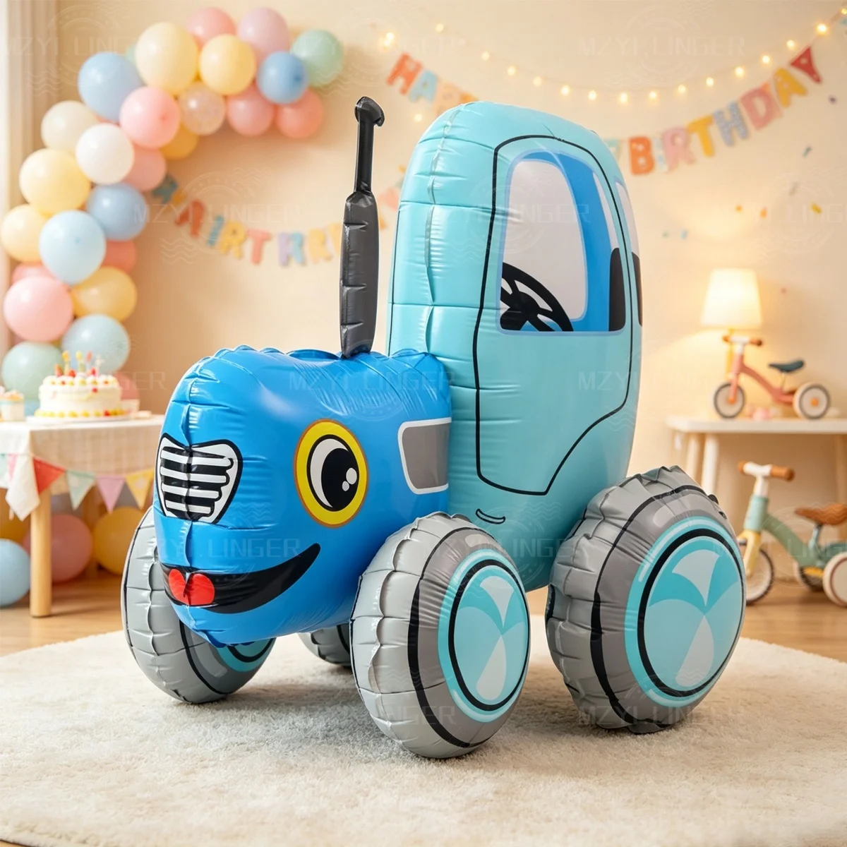 Cartoon Blauer Traktor Aluminiumfolien-Ballon-Set, geeignet für Geburtstags- und Taufthemen-Party-Hintergrunddekoration – Detail 2