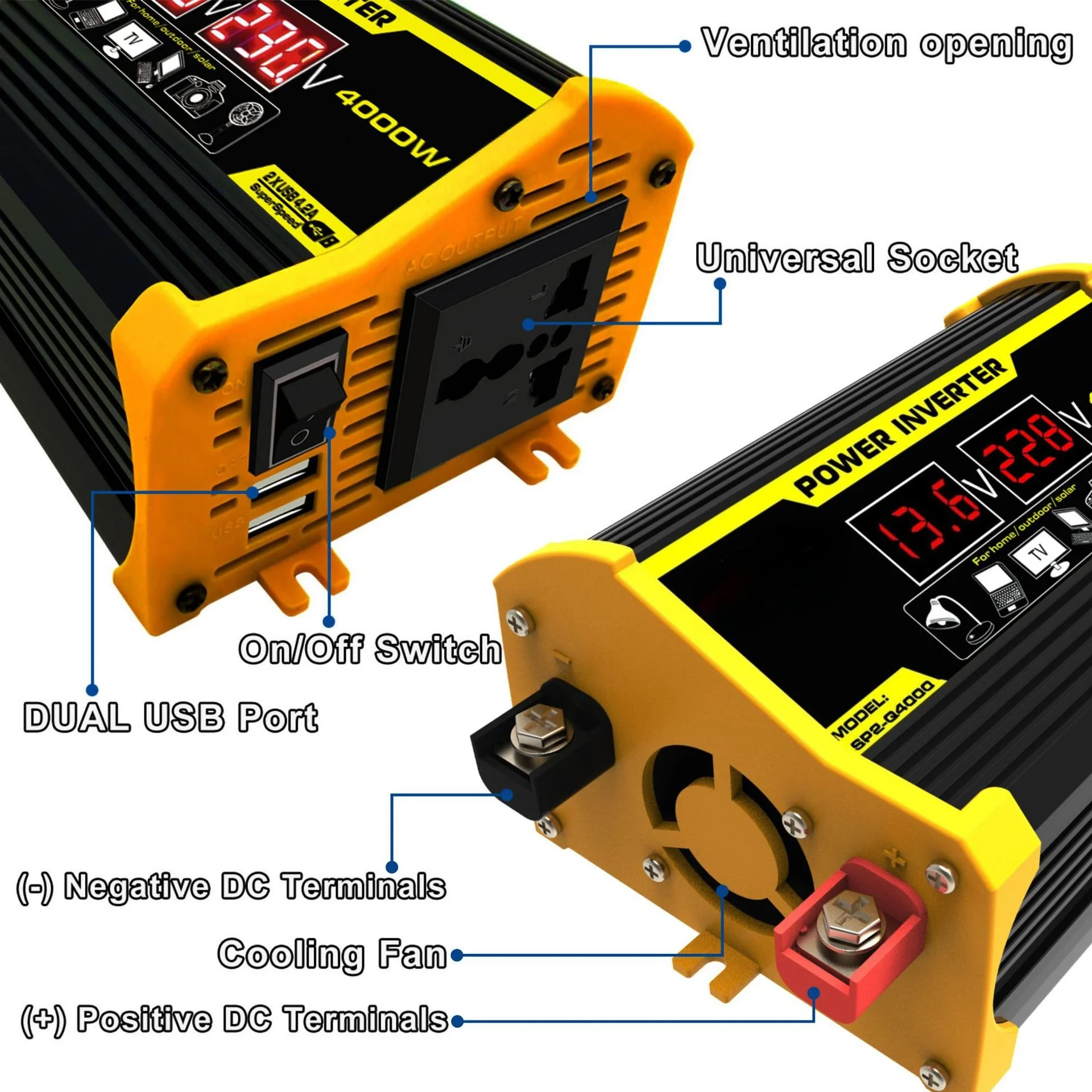 300W Pure Sine Wave Car Power Inverter – DC 12V to 220V/110V with Smart Display & Dual USB Fast Charging for Home, RV & Solar