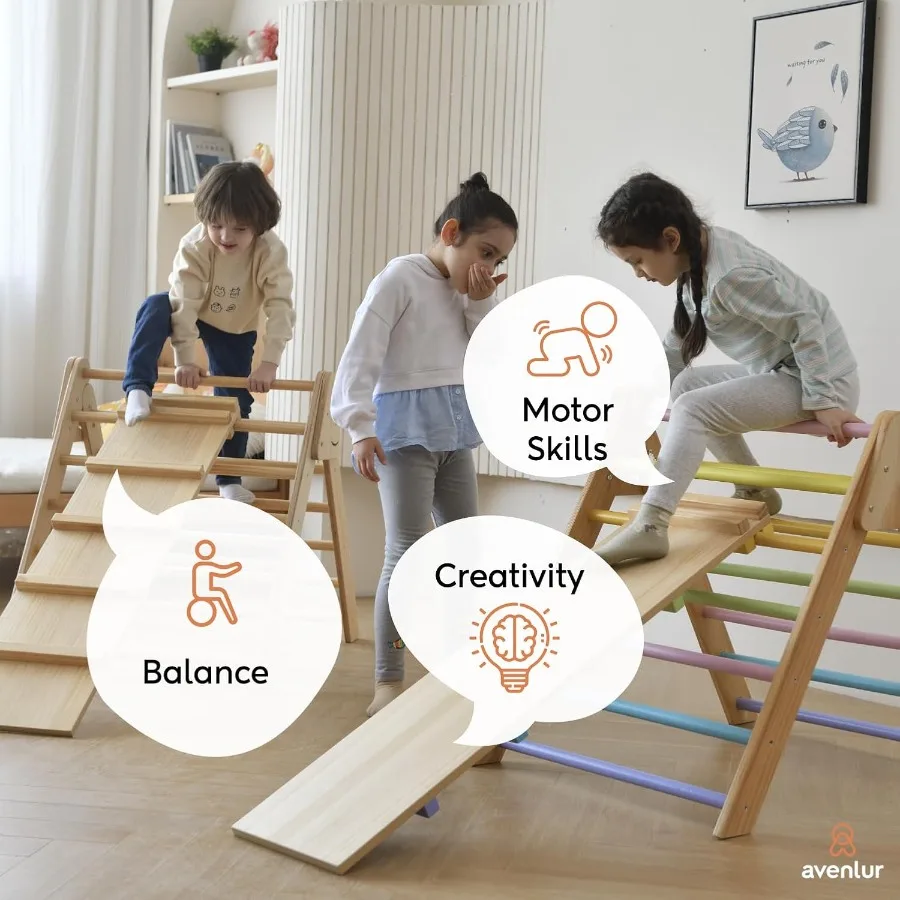 Olive 3 w 1 Składana Trójkątna Drabinka i Zjeżdżalnia Montessori Zestaw do Wspinaczki Drewniana Siłownia Wspinaczkowa do Użytku Wewnętrznego dla Dzieci w Wieku od 1 do 6 Lat