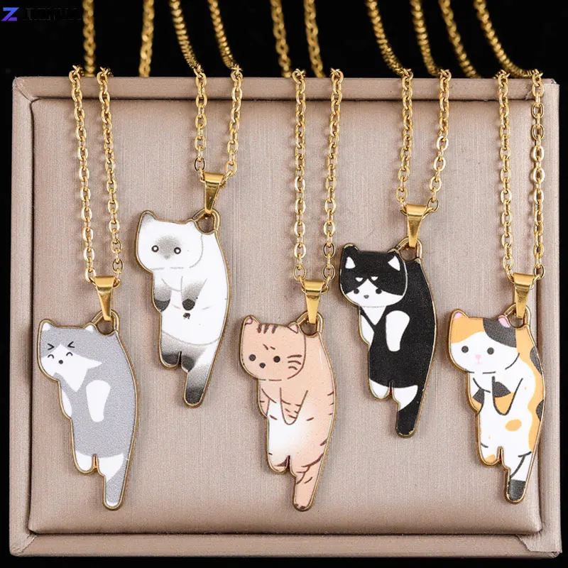 

50cm Stainless Steel Chain + Cute Cat Charm Pendant For Women Girls Necklaces Gifts Fashion Jewelry