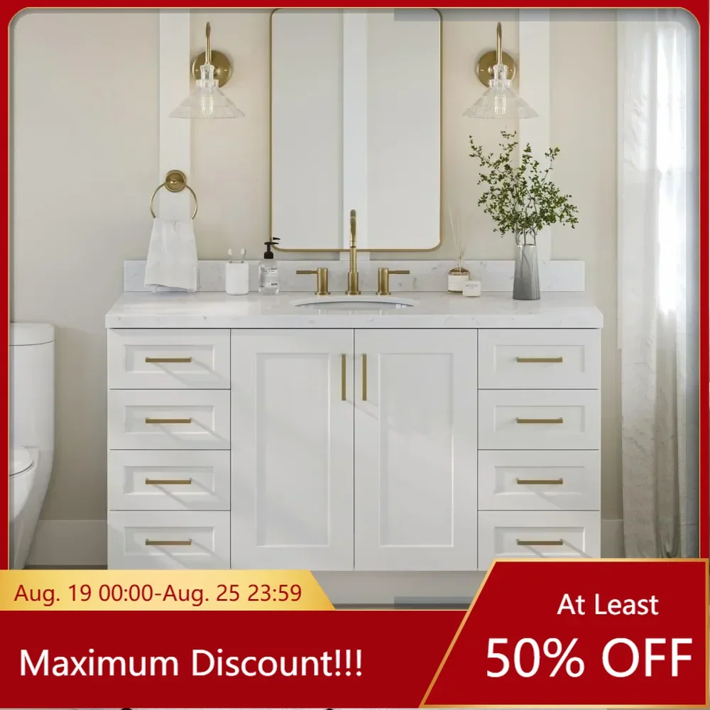 

60 inch white bathroom vanity, 1.5-inch edge karaoke quartz countertop, oval sink, 2 soft closing doors,9 fully extended drawers