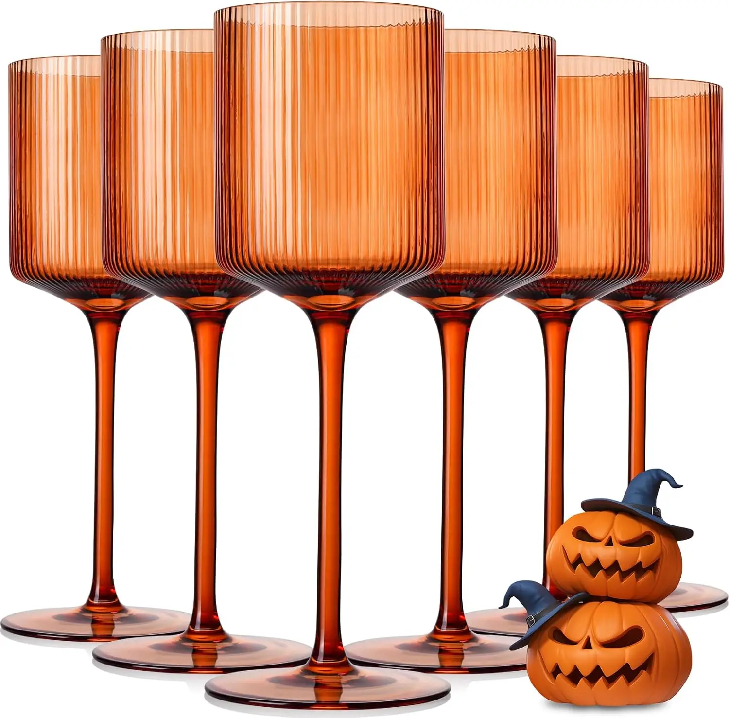 

Halloween Decorations Maple Colored Square Wine Glasses Set of 6, Elegant Ribbed Design Amber Crystal Glassware with Long Stem,