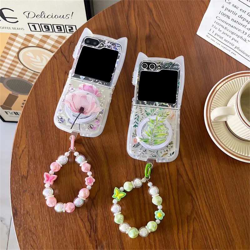 

Korean Flower Leaf All-fit phone case for Samsung Galaxy Z Flip5 Z Flip3 zflip 4 6 5G Cute Cat ears magnetic holder with chain