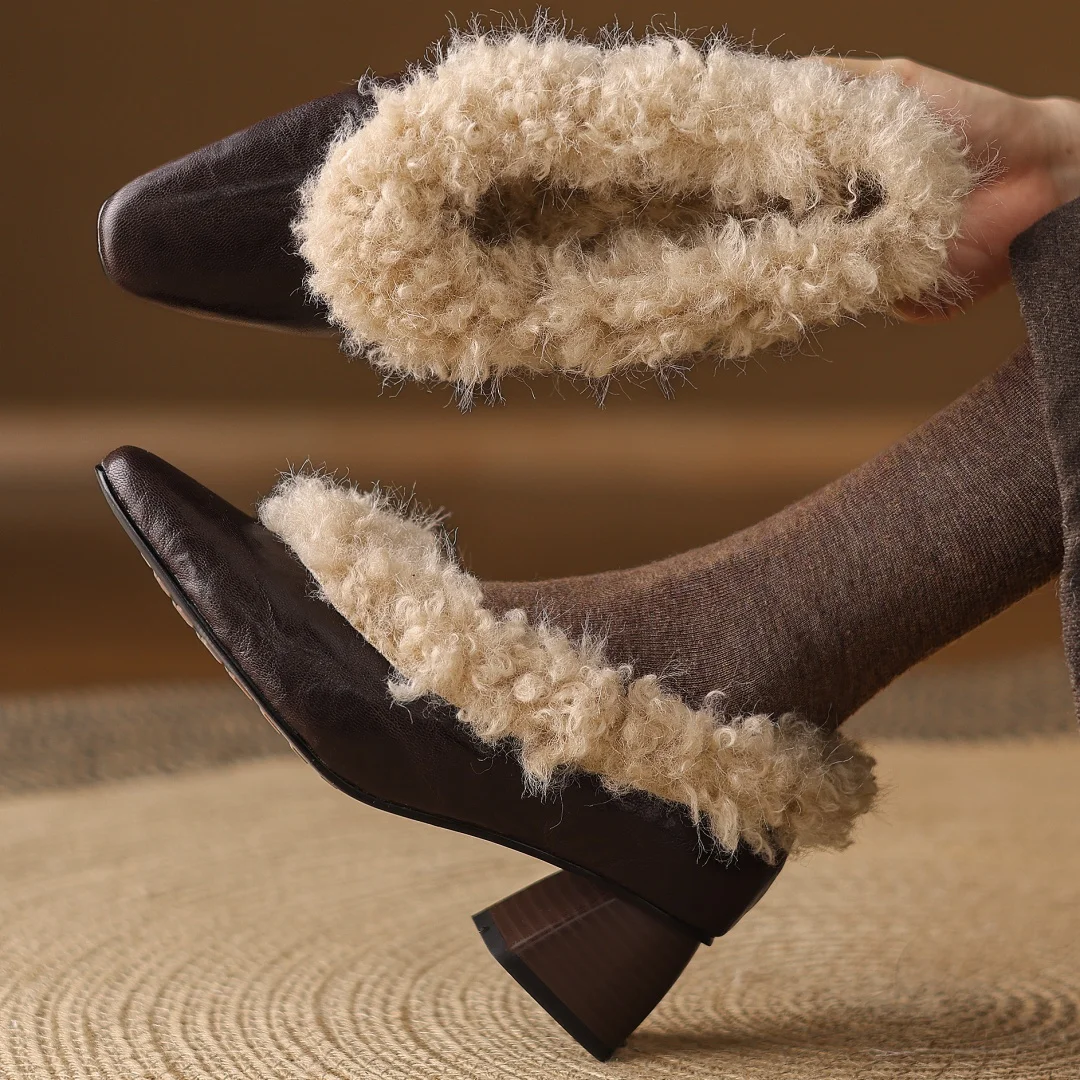 

danxuefei women's sheepskin square toe warm plush inside winter skin dress pumps 5.5cm thick high heel elegant dress heels shoes