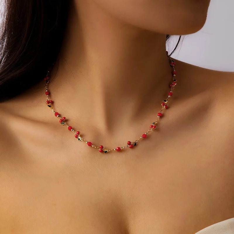 Trendiges Rotes Kirsch-Anhänger-Armband-Set für Damen, Exquisites Zirkon-Herz-Armband, Fußkettchen, Halskette, Hochzeitsschmuck, Partygeschenk – Detail 3