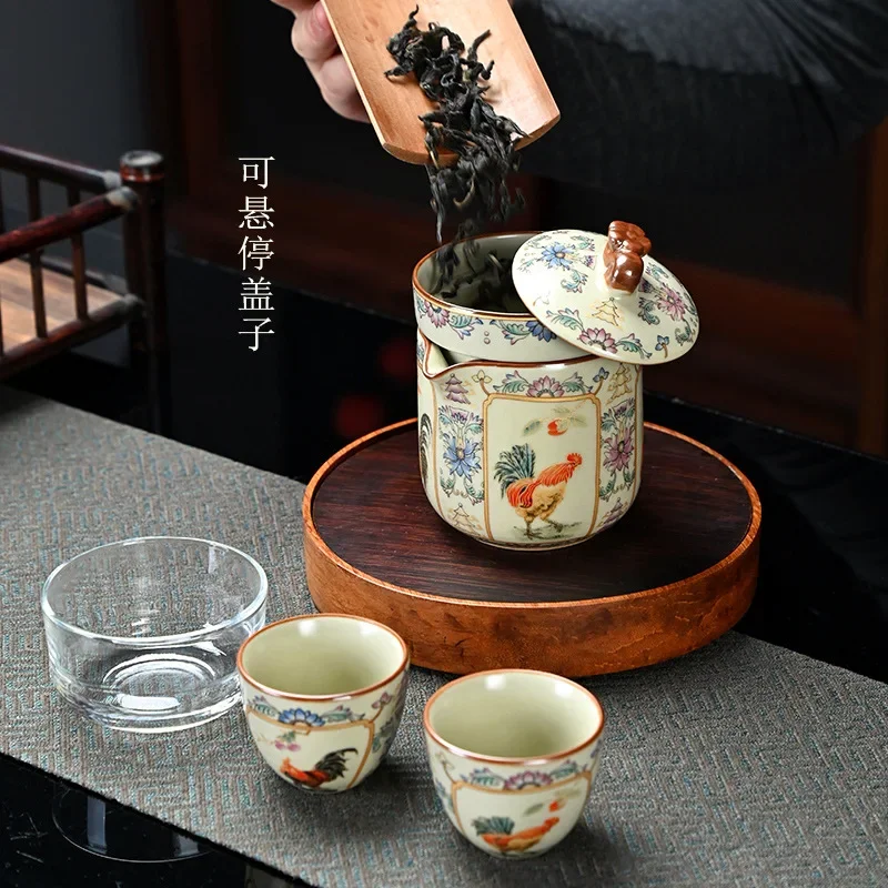 Ru Kiln Travel Tea Set Portable One Pot Three Cups Golden Rooster Four Xi Tea Outdoor Camping Business Suit Gifts Colorful Teawa