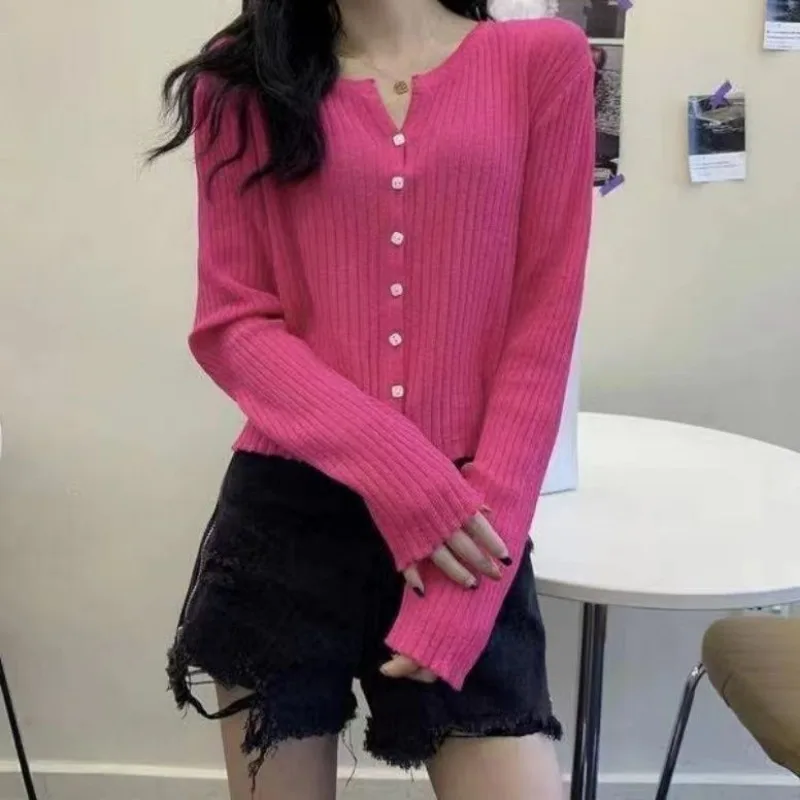 Women Knitted Cardigan Long Sleeve Slim Sweater Cropped Jacket Crop Tops Single Breasted Short Coat Korean Chic Solid Cardigan
