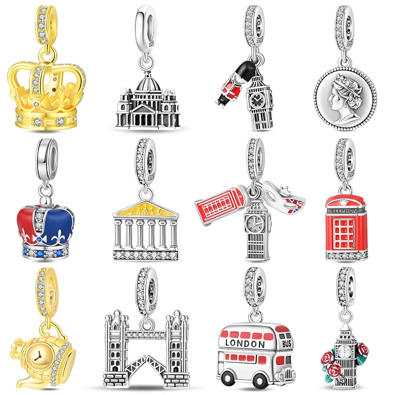925 Sterling Silver London City Dangle Charms Crown Big Ben Double Decker Bus Pendant Beads For Women DIY Bracelet Jewelry Gift