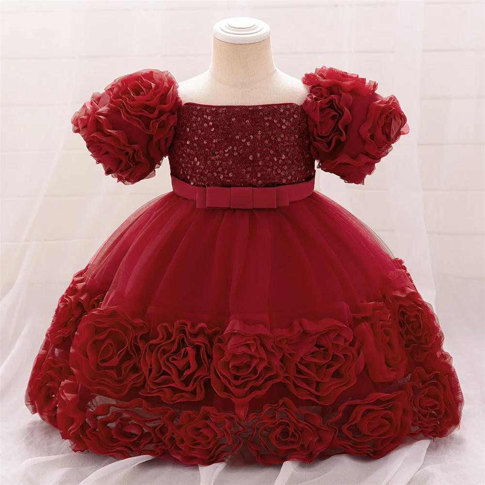 Baby Girl Sequin Flower Dresses Christmas Wedding Lace 1st Birthday Party Dress for Kids Toddler Children Formal Evening Costume