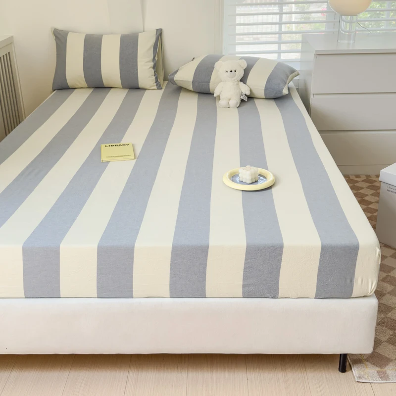 

Cotton Single Product Bed Hat Yarn-dyed Washed The Fitted Series Striped Check with Elastic Mattress Cover Skin Friendly Bedding