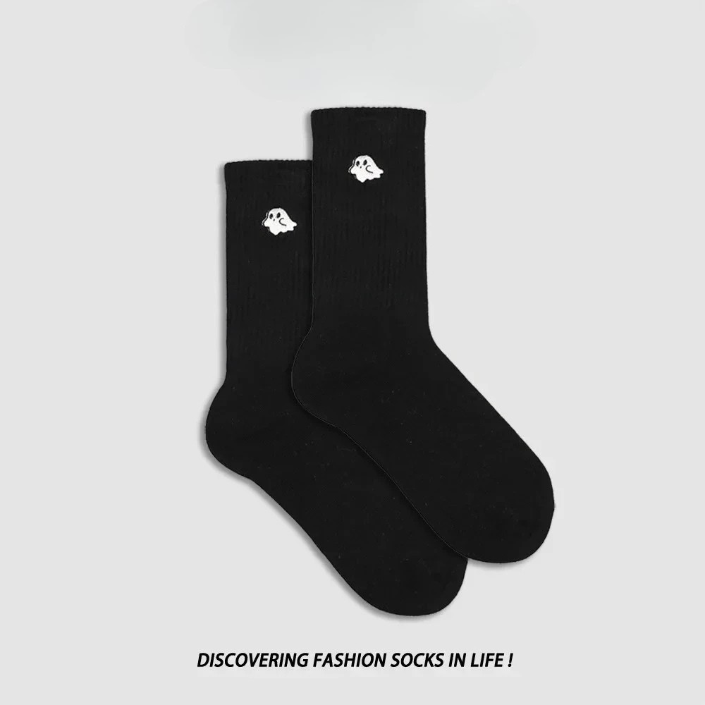 

Оригинальные модные носки с вышивкой в виде призрака из мультфильма до середины икры из чистого хлопка унисекс для пар модные простые одинаковые мужские и женские домашние удобные носки