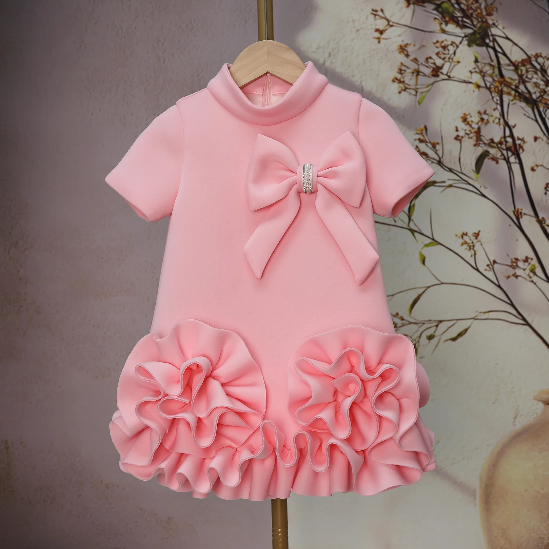 Elegant Baby Girl Dress Pink Luxury 3D Rose Princess Dress Bowknot Ball Gown Wedding Pageant Birthday Party Formal Performance