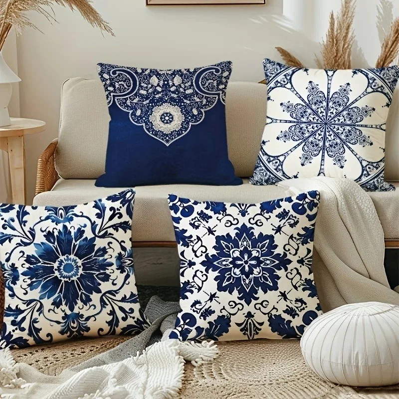 Ethnic style blue floral pattern printing pillowcase living room sofa chair cushion cover bedroom room home decoration