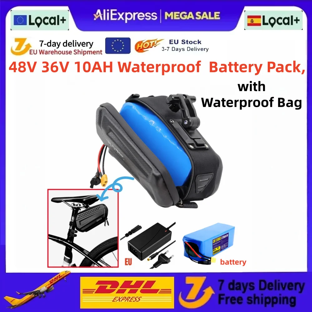 48V 36V 10Ah Wasserdichter Lithium-Akku für Fahrräder, 250W-750W Fahrradbatterie mit Wasserdichter Tasche und Ladegerät