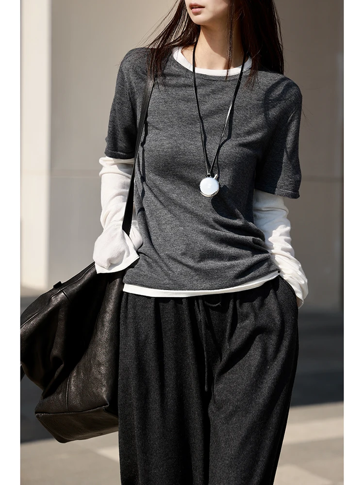 

FANNIU Весенняя трикотажная длинная футболка из смеси шерсти, круглая, из двух частей, мягкая трикотажная уличная футболка, универсальная повседневная одежда