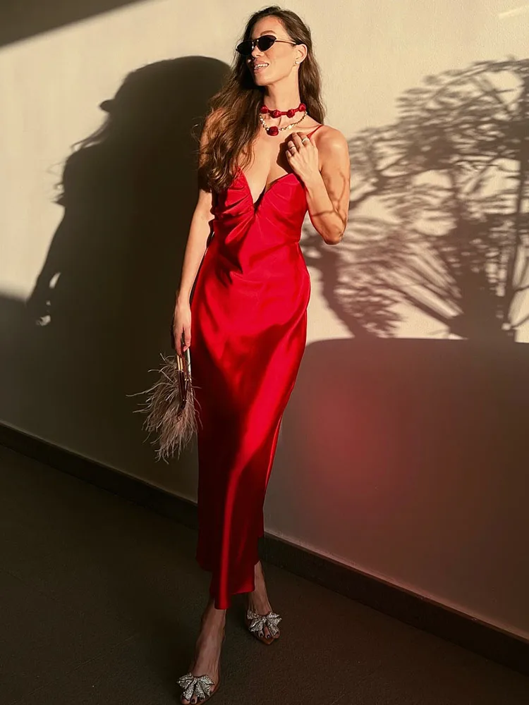 TRAFZA Women's 2025 Summer New Fashion Sleeveless Backless Slim Long Dresses Female Elegant Hot Sexy Party Dress Evening Dress