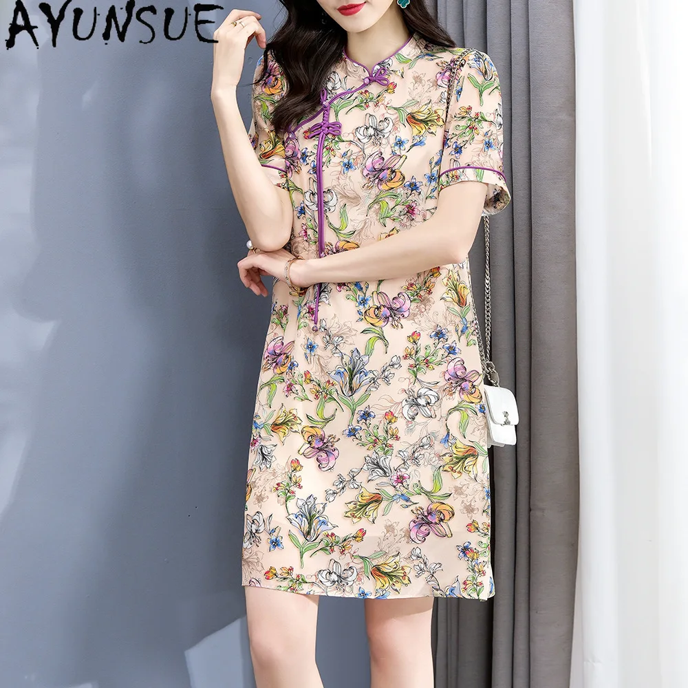 

AYUNSUE QiPao Pearl Buckle 100% Mulberry Silk Womens Dresses Spring Summer Chinese Style Elegant Dress Woman Clothes Jupe Femmes