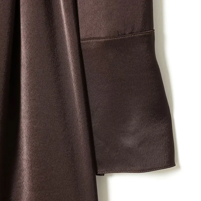 Nlzgmsj 2026 elegante elegante satén marrón bufanda cuello mujeres vestido de manga larga cinturón de moda decoración vestido de mujer