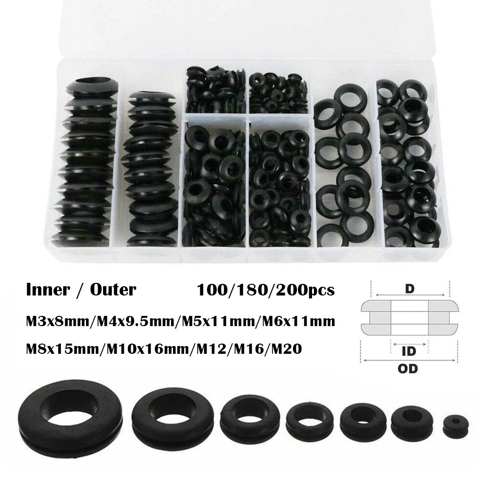 100/180/200pcs Black O Rings Rubber Washer Seals Gasket Grommet Assortment Kit Electrical Gasket O-Rings Seals Tools Set