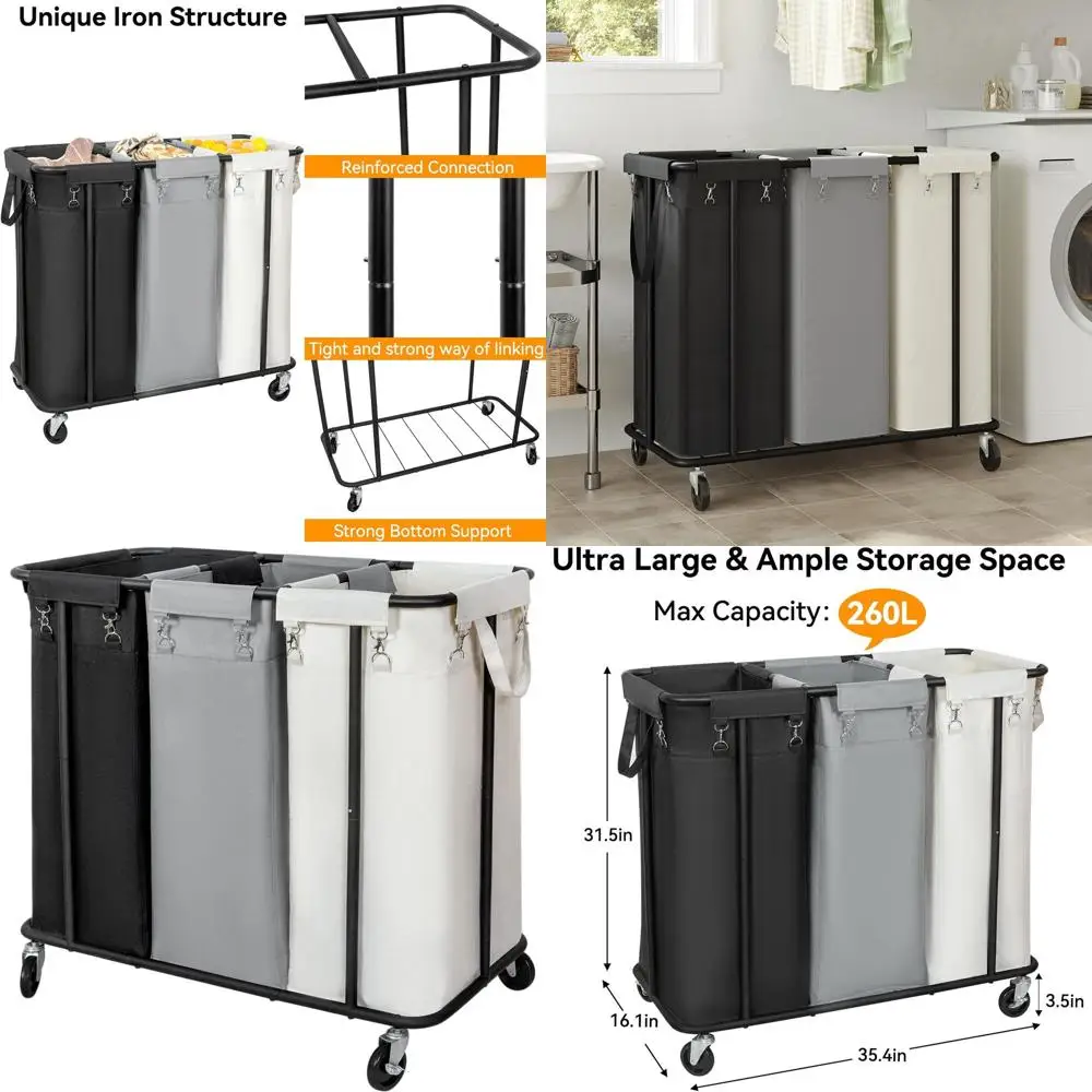 

Прокатная корзина для белья на 260 л с 3-секционным органайзером и съемными сумками для хранения большой емкости