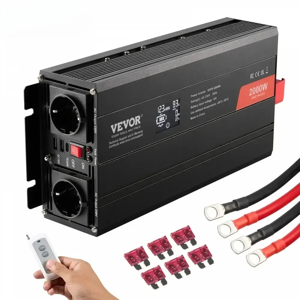 Pure Sine Wave Inverter    DC 12V to AC 230V Power Inverter with 2 AC Outlets 2 USB Port 1 Type-C Port  Remote Control